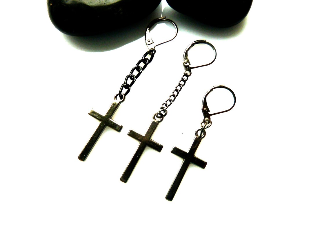 Black Cross Men Earring Long Cross Chain Earring Goth Earring Etsy
