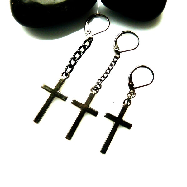 Black Cross men earring Long Cross Chain earring Goth earring Black spike dangle earring Goth cross