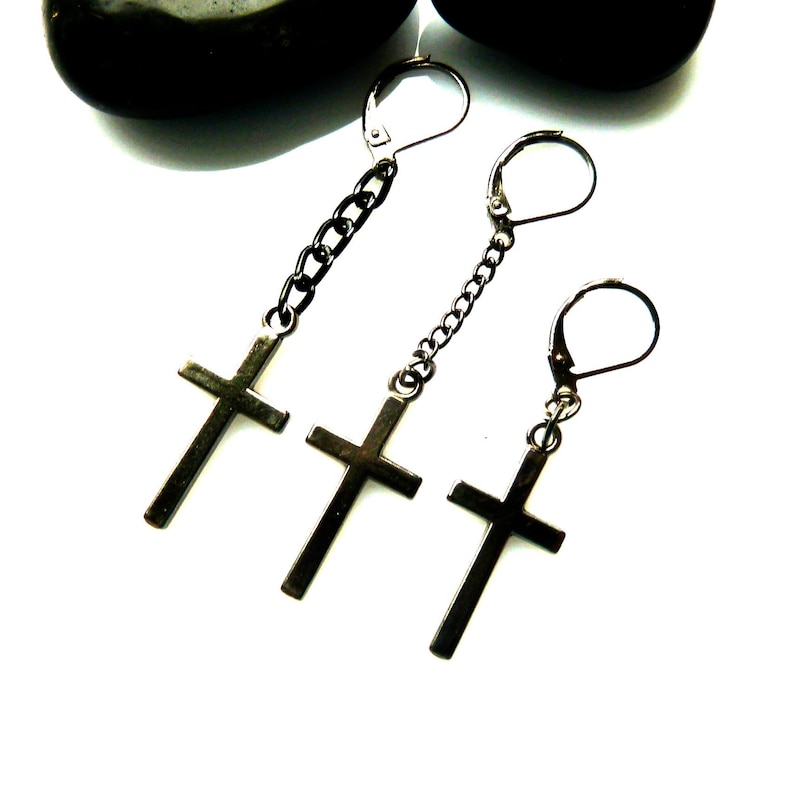 Black Cross Earrings Sterling Silver With Thorn Design - Religious Dangle Earrings For Men & Women