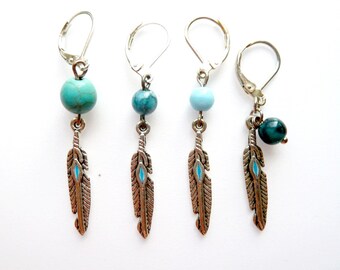 Men's Dangle Feather Earring: Turquoise, Silver Wing