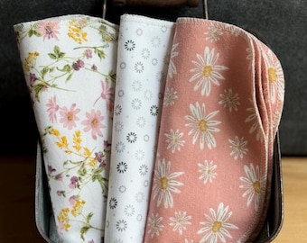 Floral Cotton Flannel Napkins - Reusable Paperless Wipes, Set of 12 (7”x7”)