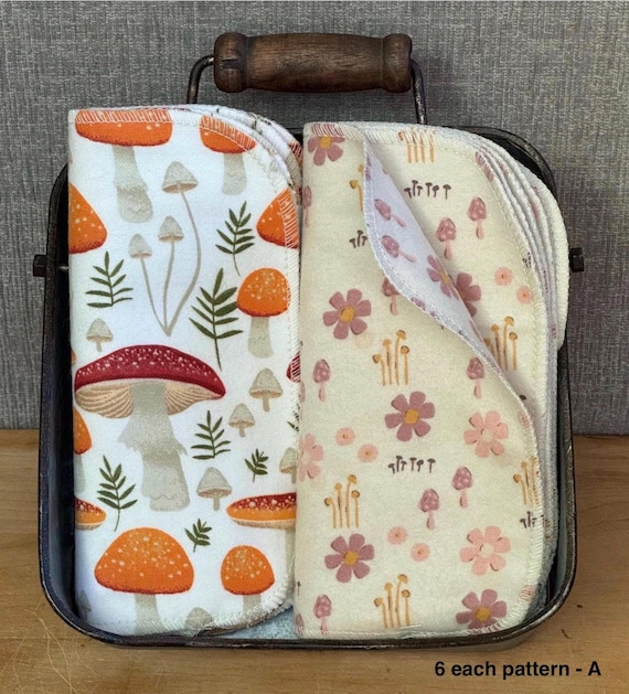Mushroom Print Reusable Cloth Napkins: 12-Pack Cotton Flannel Baby Wipes