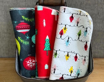 Christmas Patterned Flannel Cloth Napkins: Reusable 2-Ply Cotton Wipes, 12-Pack (7”x7”)