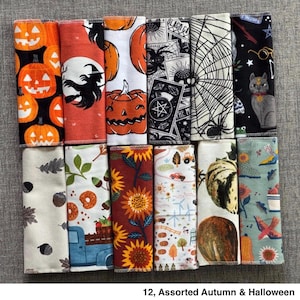 May include: Twelve rectangular fabric cloths featuring assorted autumn and Halloween patterns, including orange pumpkins, black witches, spider webs, sunflowers, acorns, and fall harvest scenes, arranged in two rows of six on a gray surface.