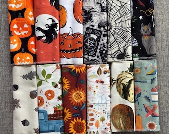 Halloween Napkins – 12, 2 ply (7”x7”) Jack-o-Lanterns, Witches, Bats – Reusable Cotton Kitchen Cloths.