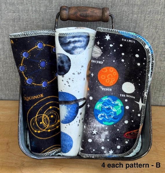 Reusable Cotton Flannel Napkins: Planet Print, Eco-Friendly, Set of 12