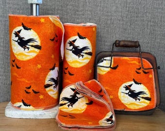 Halloween Towels or Napkins – Set of 12 | Witches, Bats & Moon | Reusable Cotton Kitchen Cloths