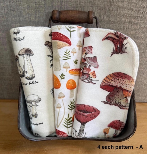 Mushroom Print Reusable Cloth Napkins: 12-Pack Cotton Flannel Baby Wipes
