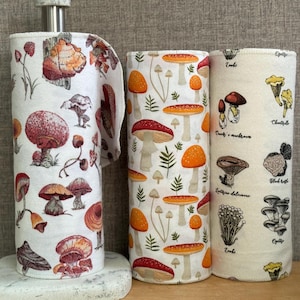 Mushroom Print Paperless Towels: Reusable Cotton Flannel, Eco-Friendly Kitchen Decor (10”x12”)