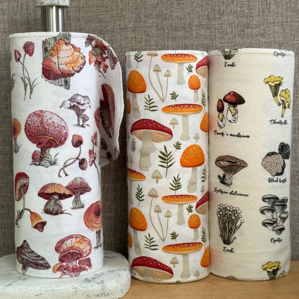 Mushroom Print Paperless Towels: Reusable Cotton Flannel, Eco-Friendly Kitchen Decor (10”x12”)