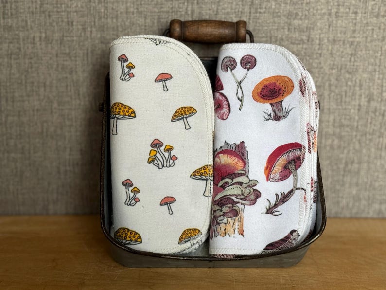 Mushroom Print Reusable Cloth Napkins: 12-Pack Cotton Flannel Baby Wipes image 6
