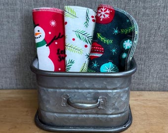 Christmas Patterned Flannel Cloth Napkins: Reusable 2-Ply Cotton Wipes, 12-Pack (6”x7”)
