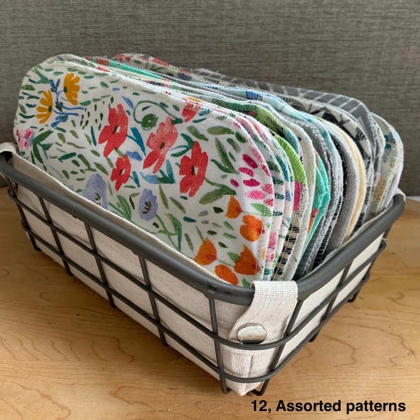 Reusable Cotton Flannel Towels - 12, 2 ply Assorted Patterns - Eco-Friendly (6”x10”)