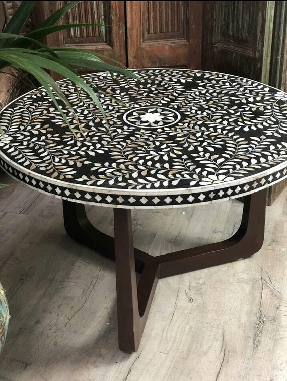 Sleek Round Bone Inlay Coffee Table | Etsy