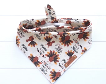 Thanksgiving Dog Bandana: Turkey 'Gobble Till You Wobble' Cotton Tie & Snap Scarf