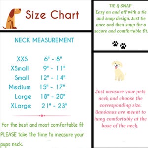 Puede incluir: Tabla de tallas de bandana para perros, con medidas de cuello en pulgadas. Las tallas van desde XXS (15-20 cm) hasta XLarge (53-58 cm). Incluye instrucciones de medici&oacute;n y cierre.