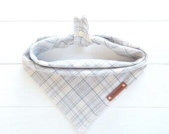 Gray Plaid Flannel Dog Bandana: Tie & Snap Dog Scarf