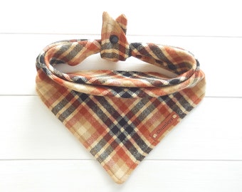 Flannel Plaid Dog Bandana: Rust, Black & Tan Tie-Snap Style