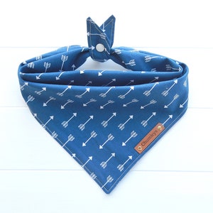May include: Blue bandana with a white arrow pattern and a brown leather tag that says "Chumleys".