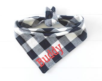Personalized Buffalo Check Dog Bandana: Embroidered, Flannel Tie & Snap Scarf