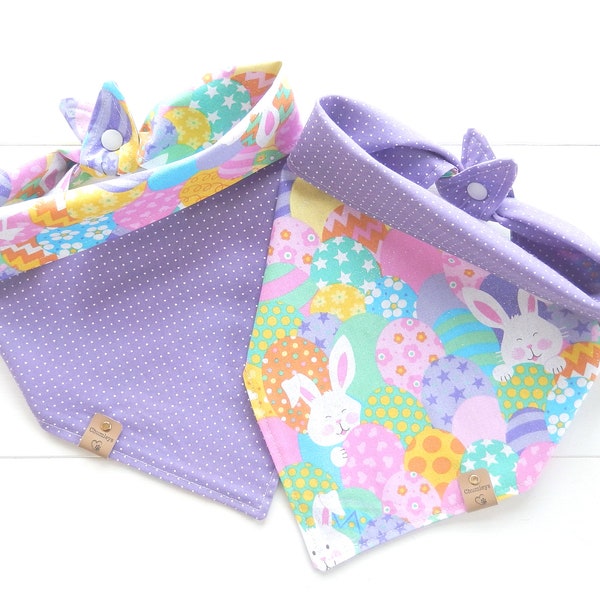 Purple Dog Bandana in an Easter Egg and Bunny Pattern, Tie & Snap, Scarf, Pet Clothing, Dog Mom