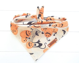 Halloween Dog Bandana: Spider Web, Black Cat and Pumpkin, Tie and Snap