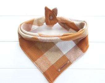 Fall Dog Bandana, Flannel Buffalo Check Dog Scarf, Tie & Snap, Harvest Gold and Tan