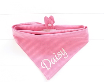 Personalized Pink Dot Dog Bandana: Embroidered Tie & Snap Scarf, Custom Name