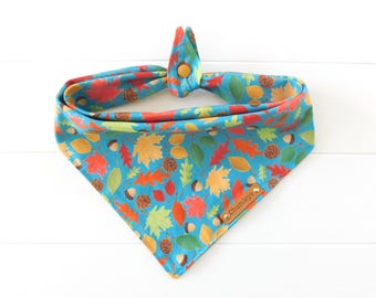 Fall Leaves Dog Bandana: Teal Blue Cotton, Tie & Snap