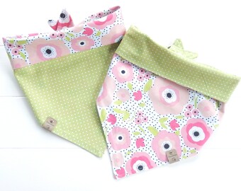 Pink Floral and Sage Green Reversible Dog Bandana, Tie & Snap, Spring, Scarf, Gift for Dogs