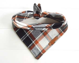 Fall Plaid Dog Bandana, Flannel Dog Bandana, Tie & Snap Bandana, Puppy Bandana, Rust Ivory Black