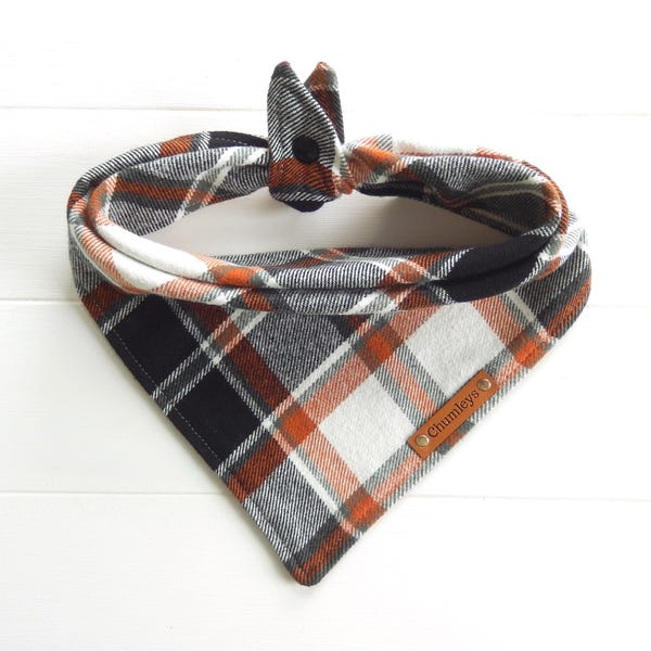 Fall Plaid Dog Bandana, Flannel Dog Bandana, Tie & Snap Bandana, Puppy Bandana, Rust Ivory Black