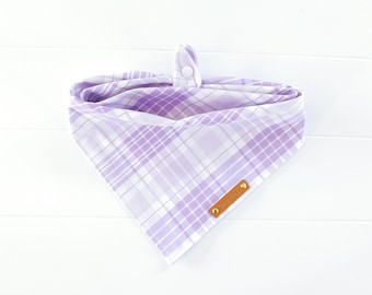 Lilac Plaid Dog Bandana: Tie & Snap Cotton Dog Scarf, Light Purple