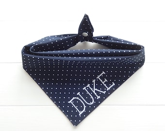 Personalized Navy Polka Dot Dog Bandana: Tie and Snap Cotton Scarf