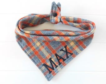 Personalized Gray Plaid Fall Flannel Dog Bandana: Embroidered Tie & Snap Scarf