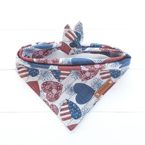 Patriotic Dog Bandana: Red White Blue Heart Flag, Tie & Snap