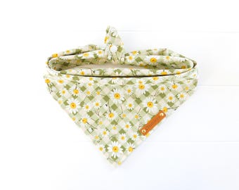 Daisy Dog Bandana: Sage Green Check, Floral Tie & Snap Dog Scarf, Puppy Gift
