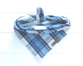 Blue Plaid Flannel Dog Bandana: Tie & Snap Winter Dog Scarf