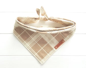 Tan Plaid Dog Bandana Light Brown Plaid Flannel Dog Bandana  Fall Plaid Dog Bandana Tie & Snap Bandana Puppy