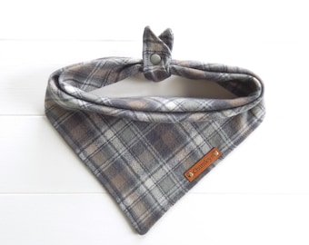 Gray Plaid Flannel Dog Bandana: Tie & Snap Scarf