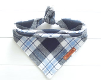 Blue Plaid Dog Bandana Blue White Flannel Bandana Tie & Snap Dog Bandana Male Boy Dog Puppy Winter Dog Bandana