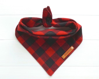 Red Buffalo Check Flannel Dog Bandana: Tie & Snap, Puppy Scarf