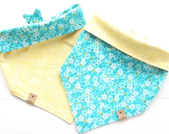 Reversible Dog Bandana, Teal Floral and Yellow Starburst, Tie and Snap
