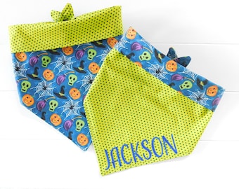 Personalized Halloween Dog Bandana: Reversible Tie & Snap, Green Blue