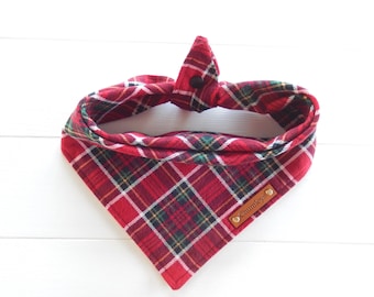 Christmas Dog Bandana: Red Plaid Flannel, Tie & Snap