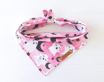 Pink Halloween Dog Bandana, Ghosts, Moon & Stars, Tie and Snap