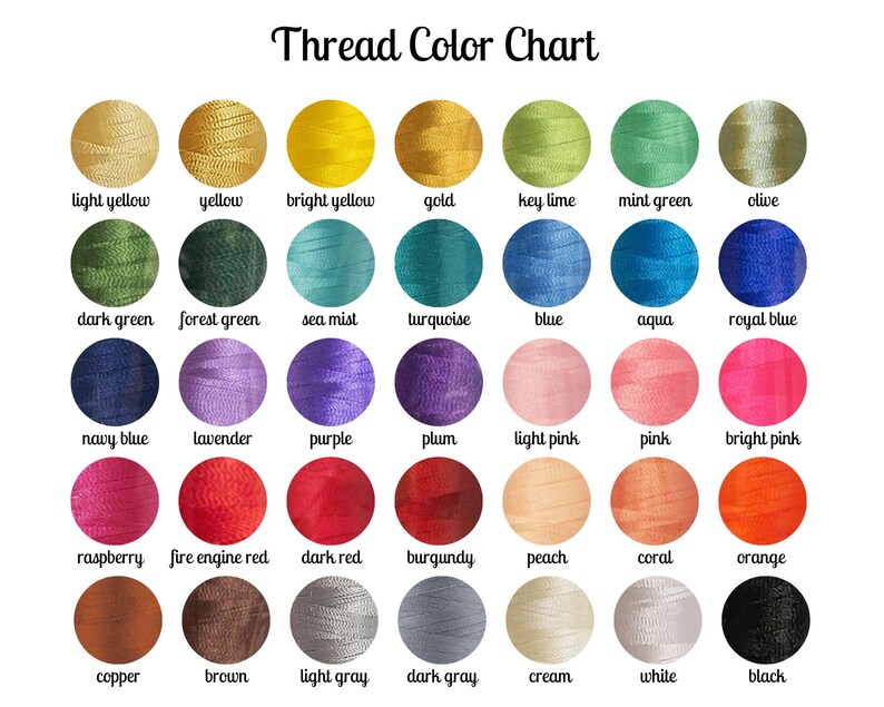 Puede incluir: Una carta de colores de hilo con una variedad de colores, incluyendo amarillo, verde, azul, rosa, rojo y marr&oacute;n. La carta incluye el texto "Thread Color Chart" en la parte superior. Cada color se muestra en forma circular con el nombre del color debajo.