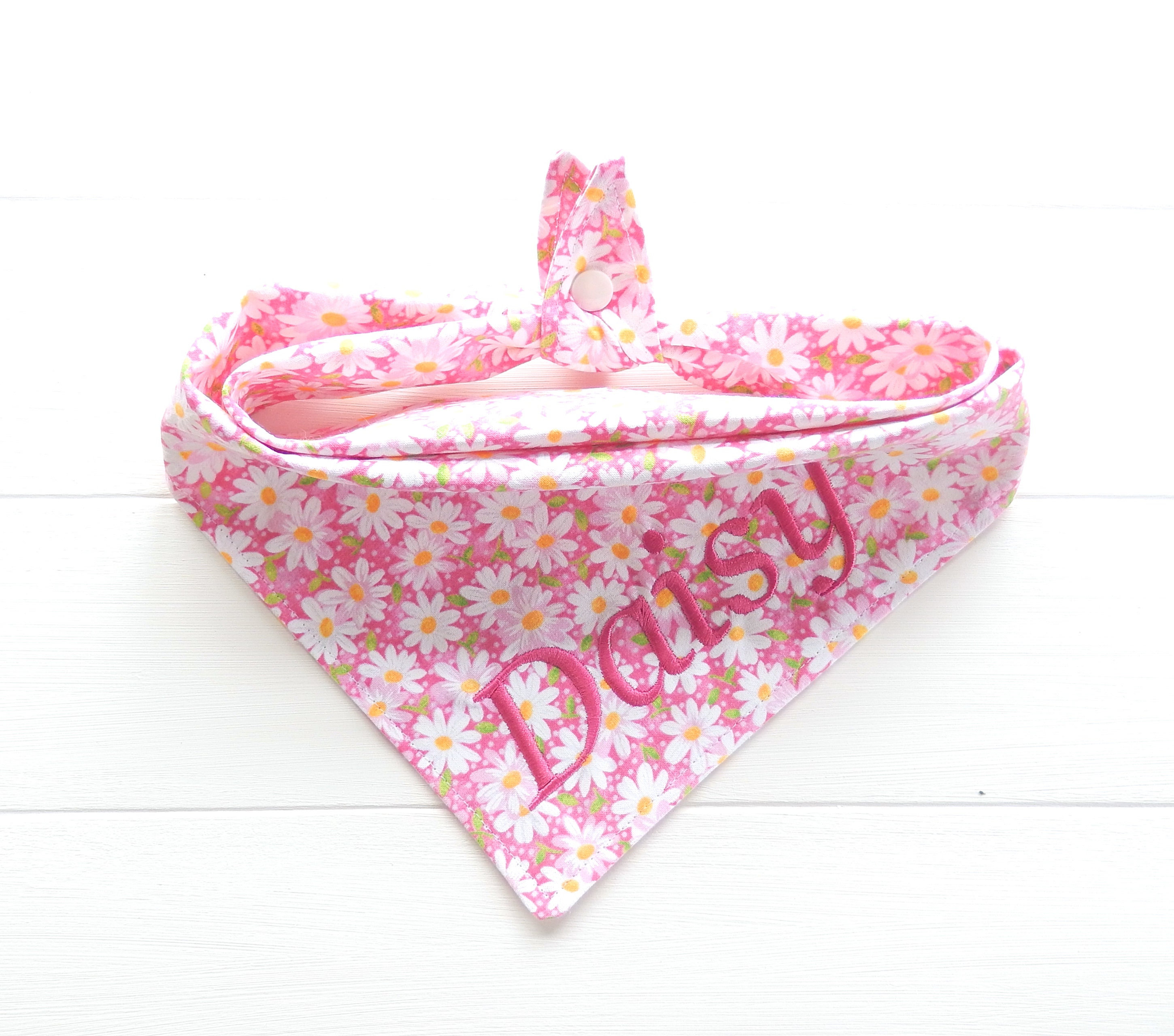 Personalized Floral Dog Bandana, Pink and White Daisy, Tie and Snap, Girl Dog Scarf, Puppy Gift, Summer Dog Bandana