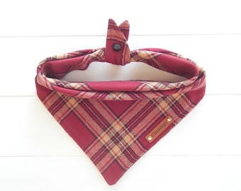 Fall Cranberry Plaid Flannel Dog Bandana: Tie & Snap Dog Scarf, Harvest Colors