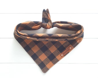 Tan and Black Buffalo Check Flannel Dog Bandana - Tie and Snap